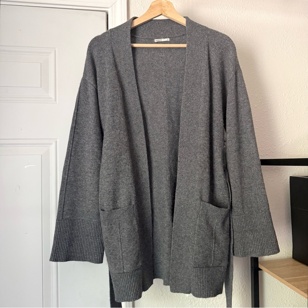 HOUSE OF CB heather grey cashmere wool knit belted long sleeve robe sweater
